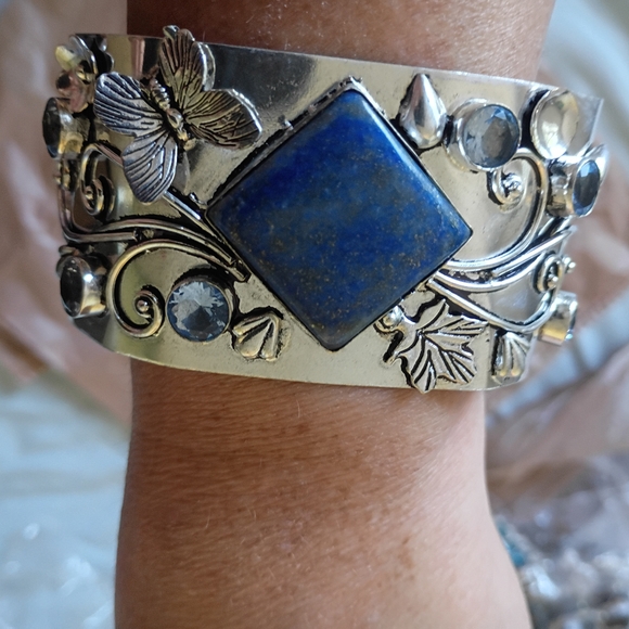 Real Lapis Cornflower Blue Accents Butterfly Cuff Bracelet - Picture 1 of 5